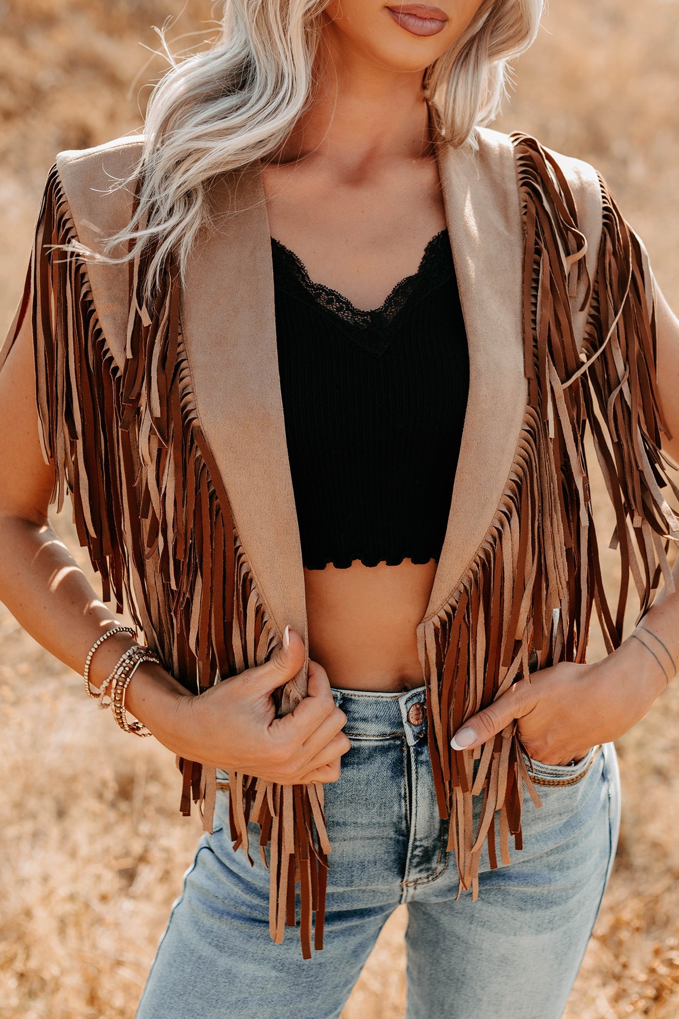 Midnight Range Faux Suede Collared Fringe Shawl (Tan)