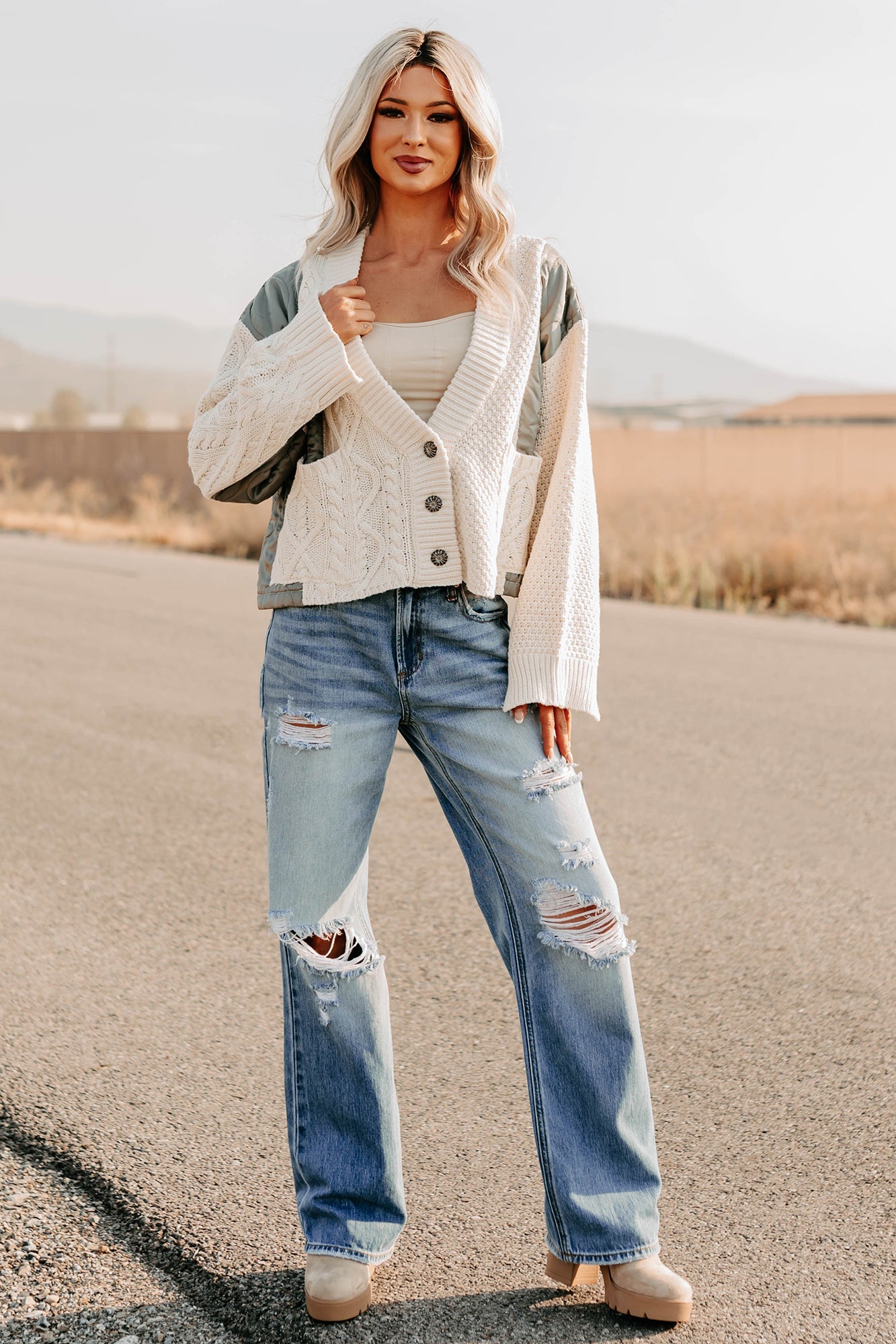 Latte Layers Quilted Cable Knit POL Cardigan (Natural/Olive)