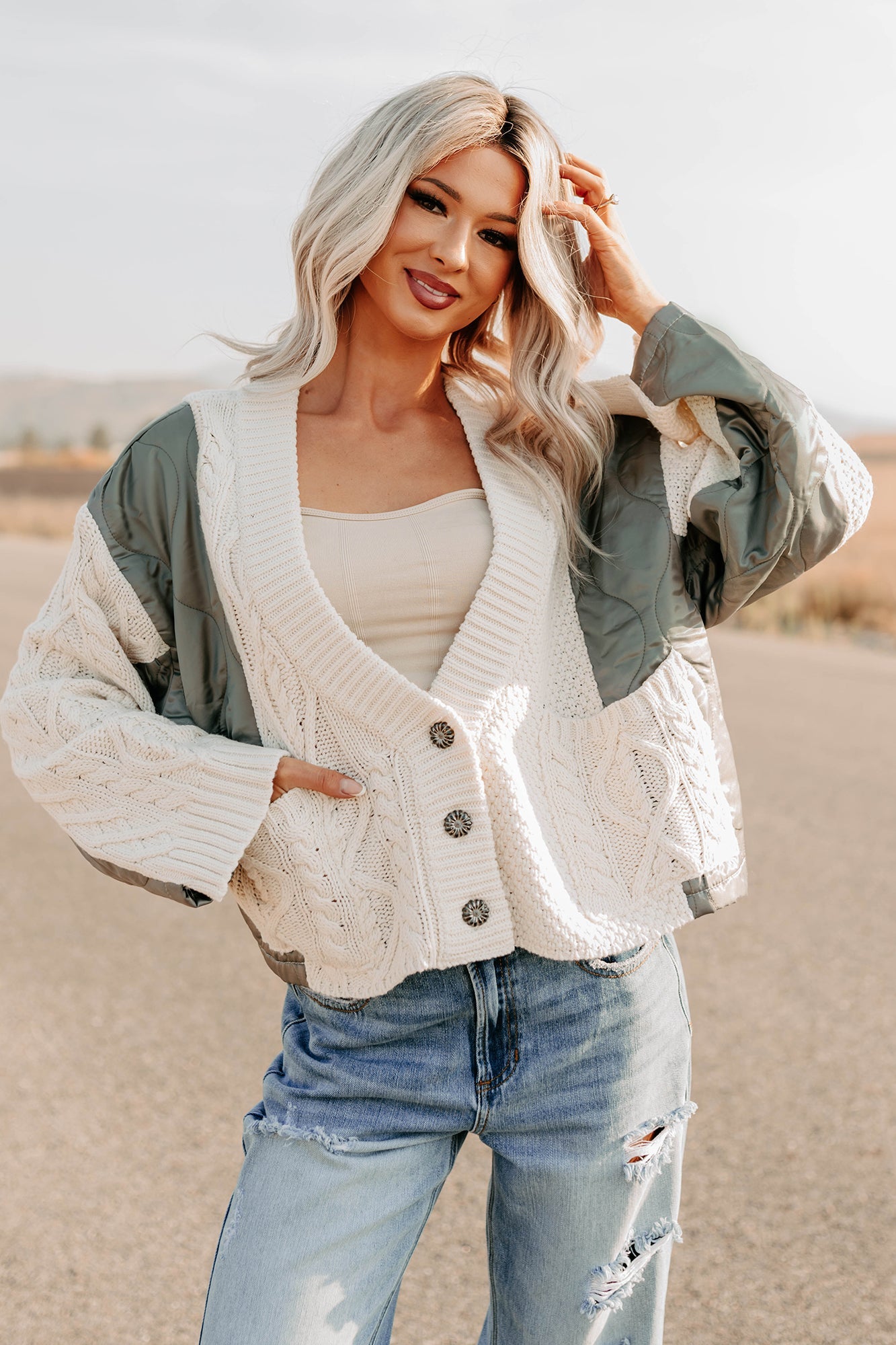 Latte Layers Quilted Cable Knit POL Cardigan (Natural/Olive)