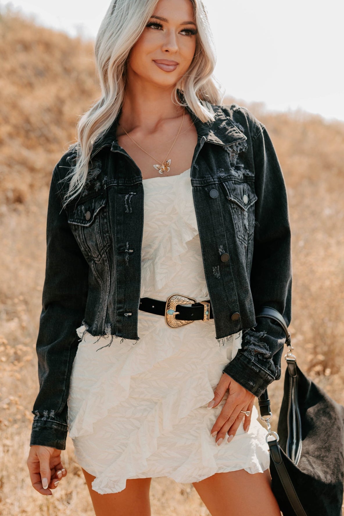 Fade Into You Distressed Denim Jacket (Washed Black)