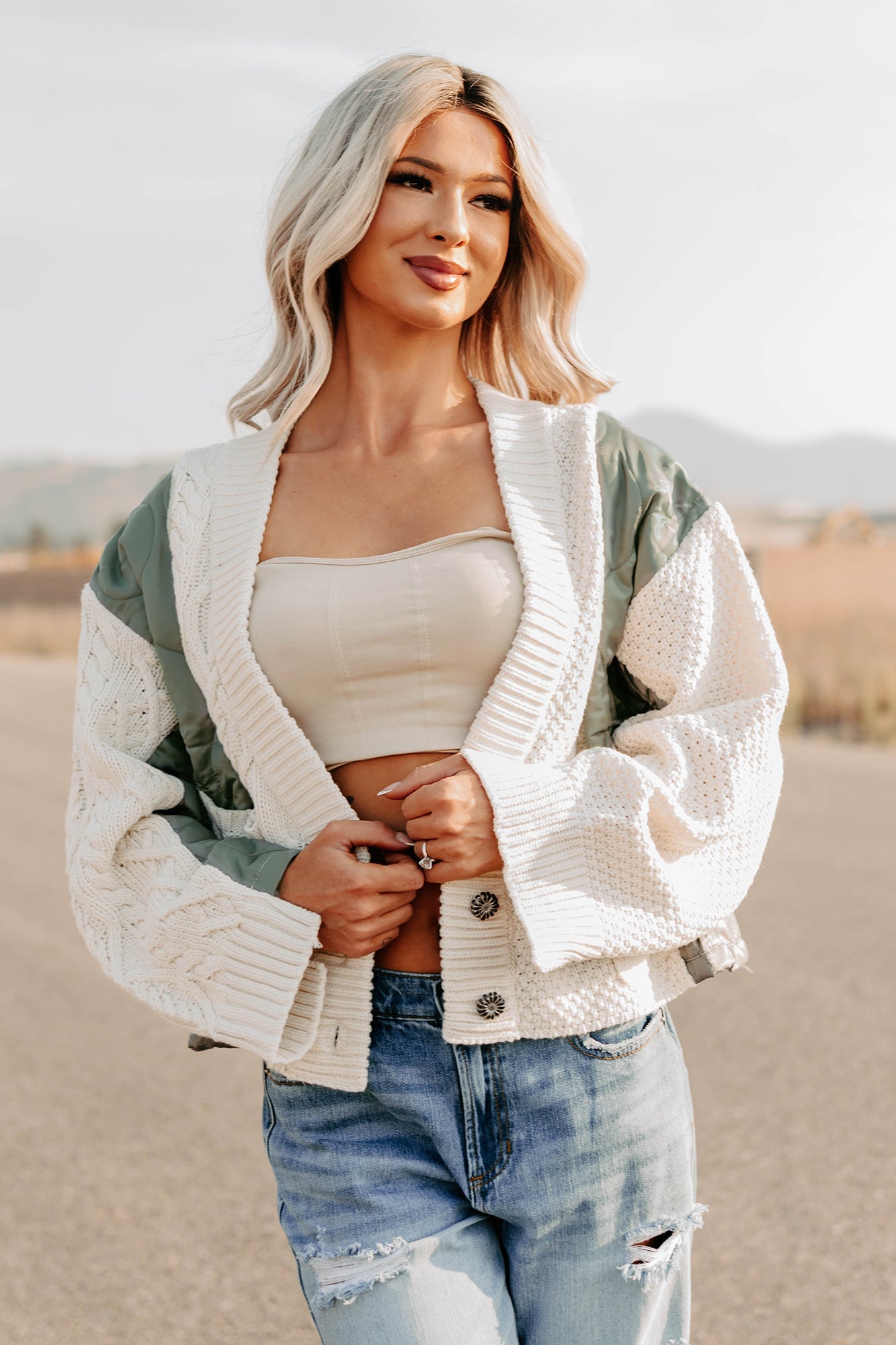 Latte Layers Quilted Cable Knit POL Cardigan (Natural/Olive)