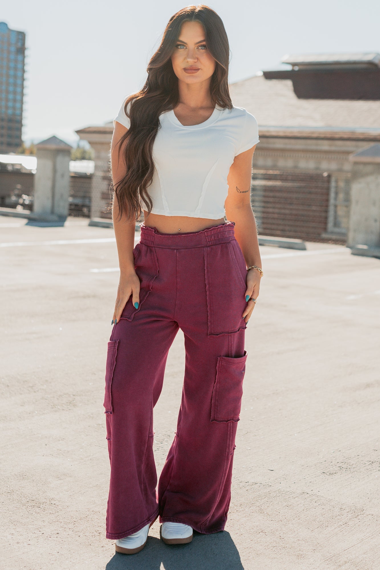 Made Ready Wide Leg Cargo Sweatpants (Dark Cherry)