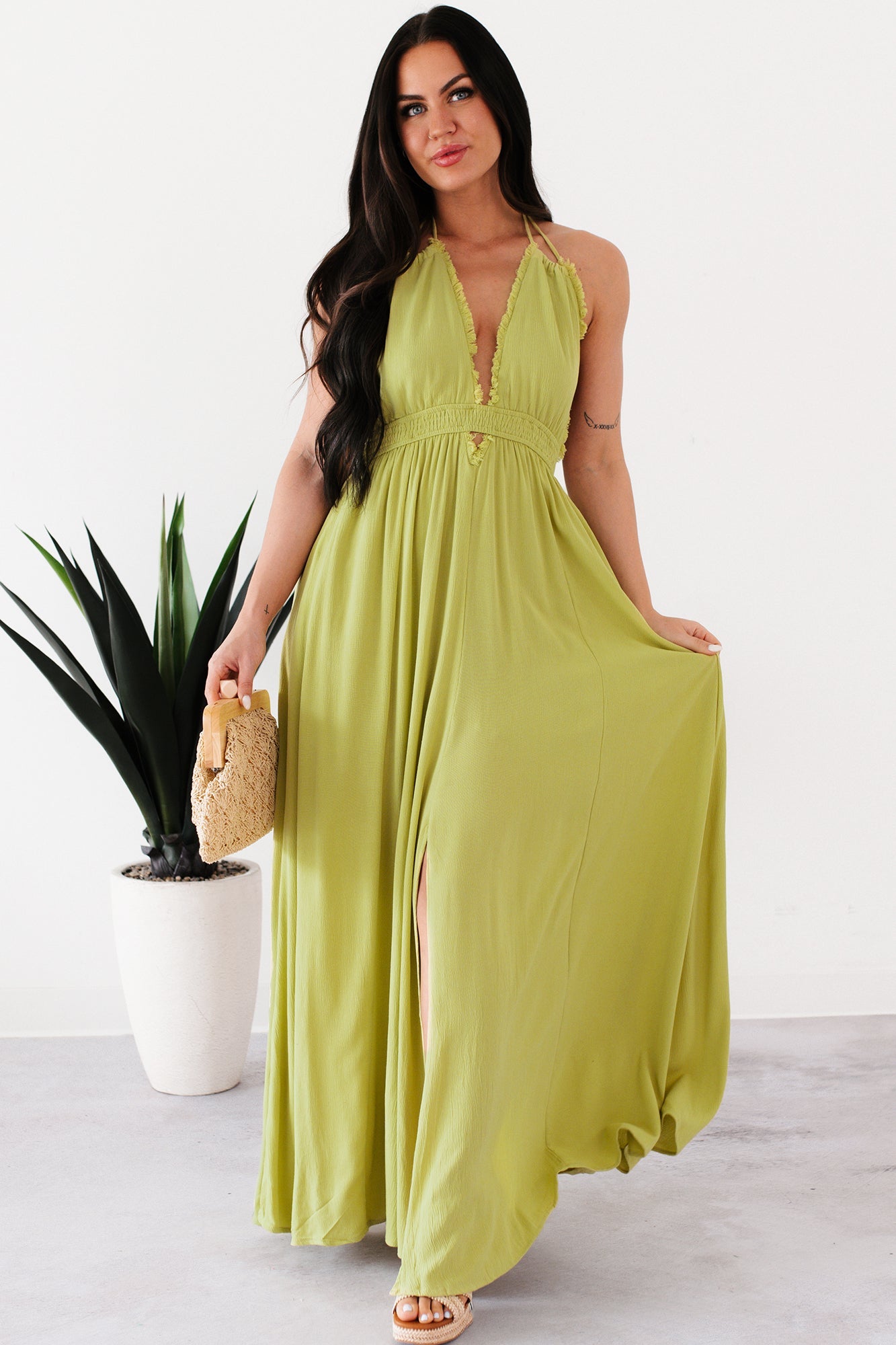 Chasing Glances Halter Maxi Dress (Matcha)