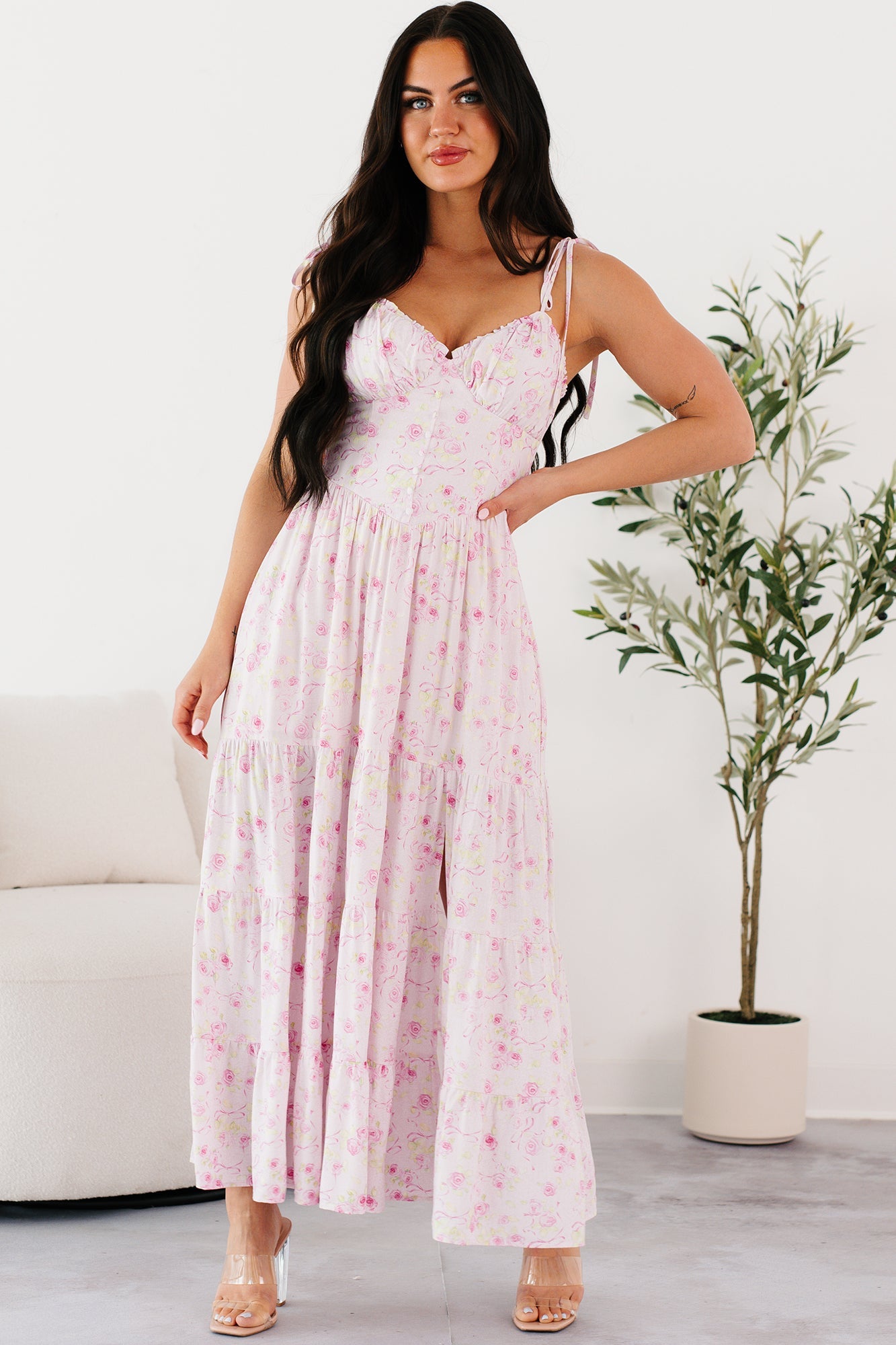 Rosy Days Sleeveless Floral Maxi Dress (Light Pink)