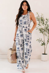 Ocean Calls Halter Abstract Print Jumpsuit (Ivory/Navy)