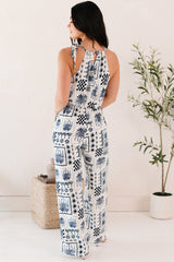 Ocean Calls Halter Abstract Print Jumpsuit (Ivory/Navy)