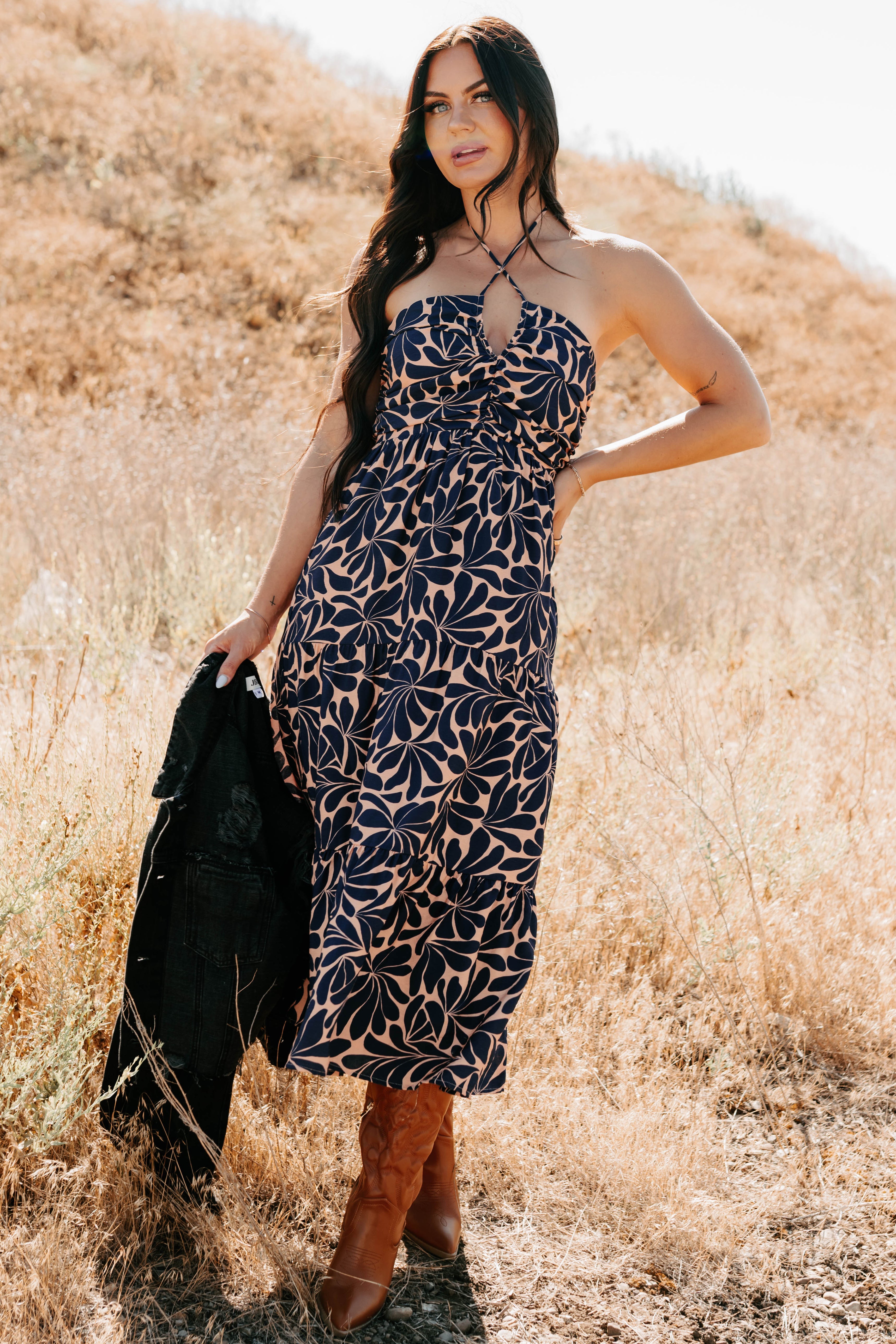 Purpose Driven Printed Halter Midi Dress (Navy/Clay)
