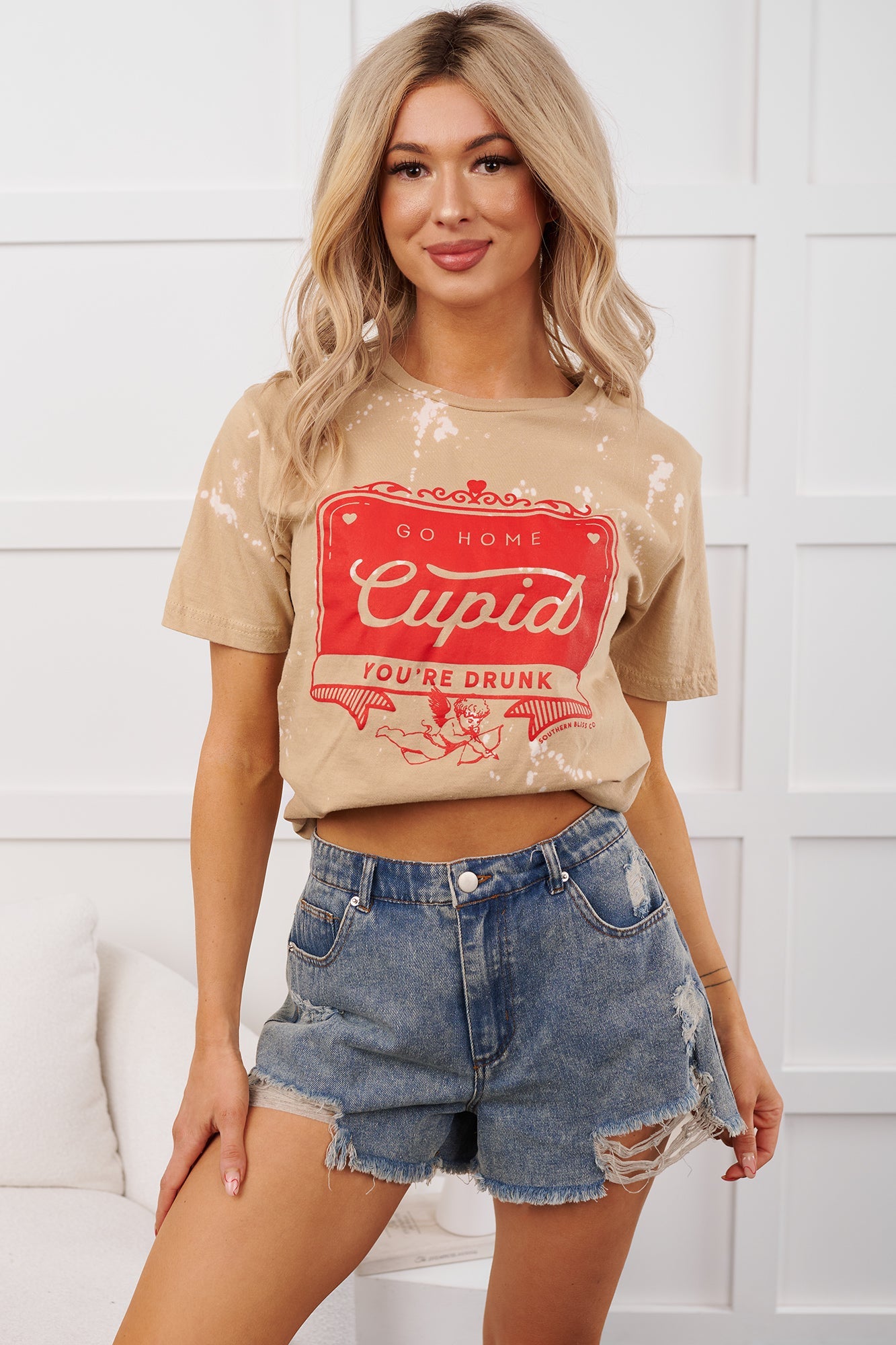 "Go Home Cupid You're Drunk" Graphic T-Shirt (Tan Bleached)
