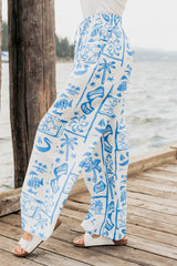 Saltwater Serenade Tropical Pattern Wide Leg Pants (Blue)
