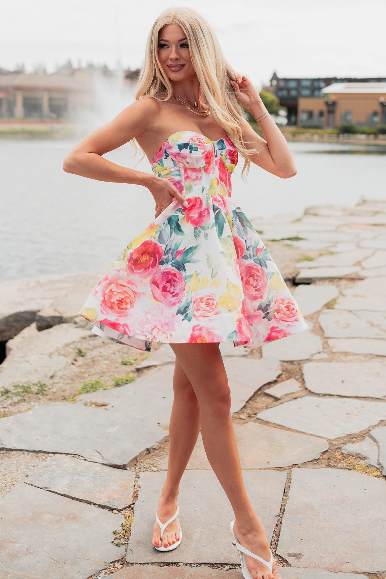 Flora's Garden Strapless Floral Corset Mini Dress (Pink)