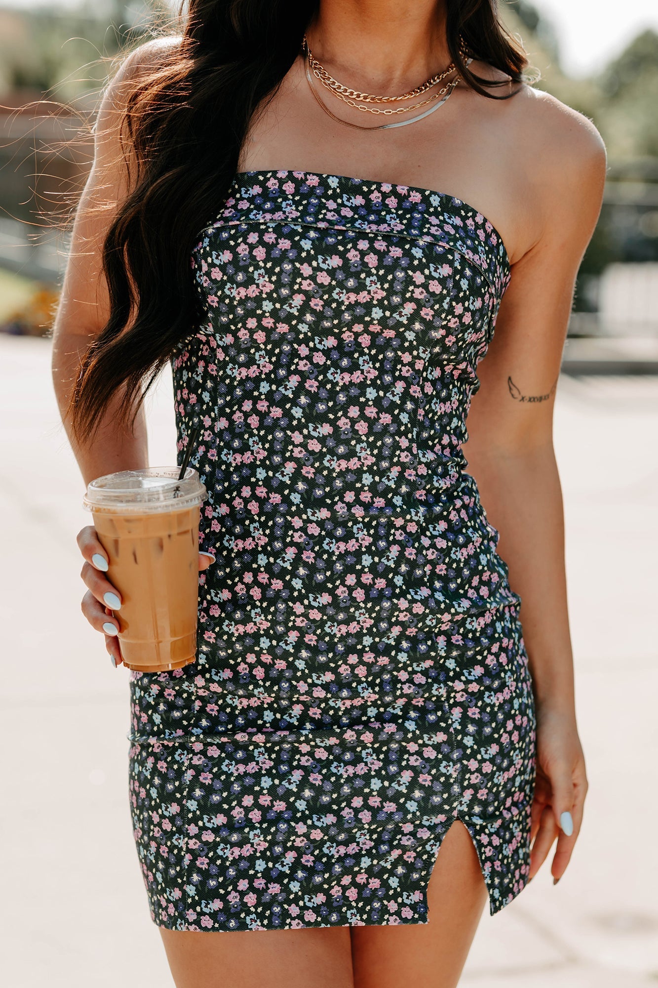 Made To Grow Strapless Floral Mini Dress (Black)