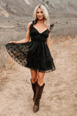Petals In The Sun Chiffon Embroidered Mini Dress (Black)