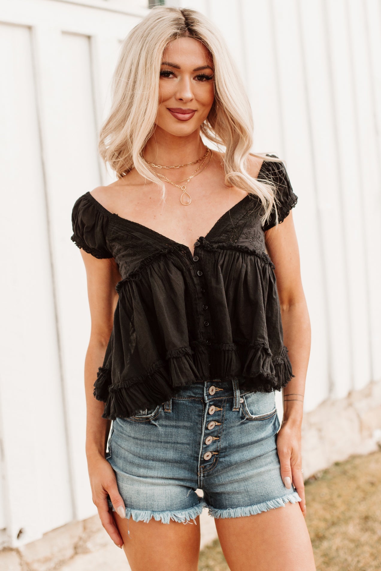 Just One Look Ruffle Babydoll Top (Black)