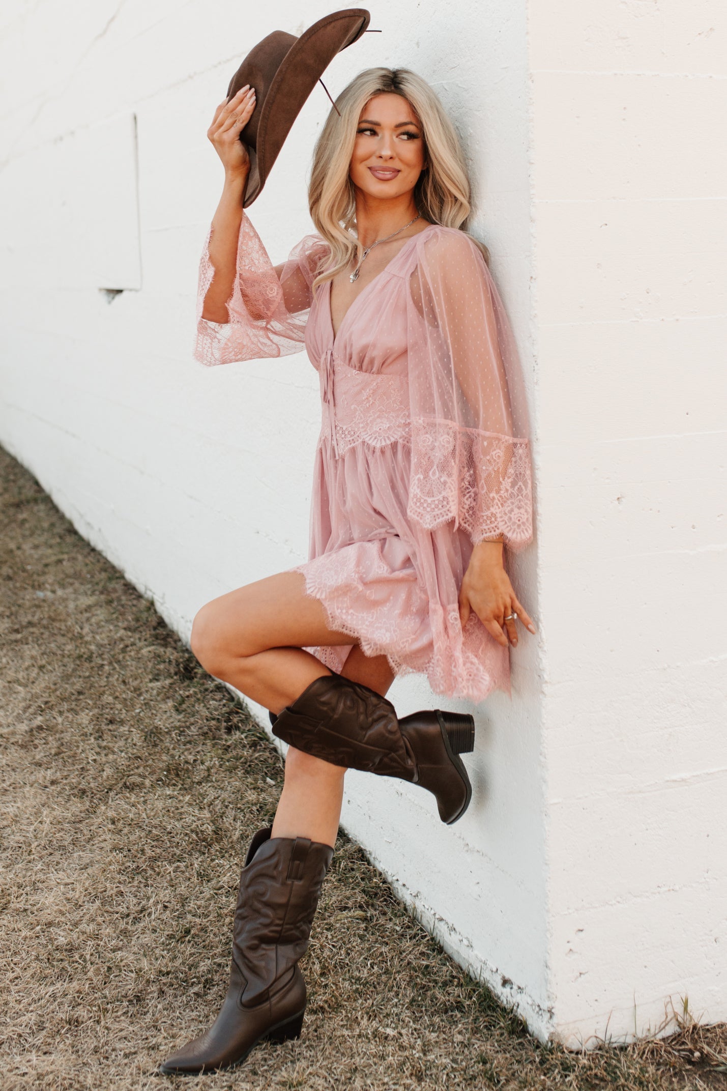 Ethereal Aura Dotted Mesh Mini Dress (Blush)