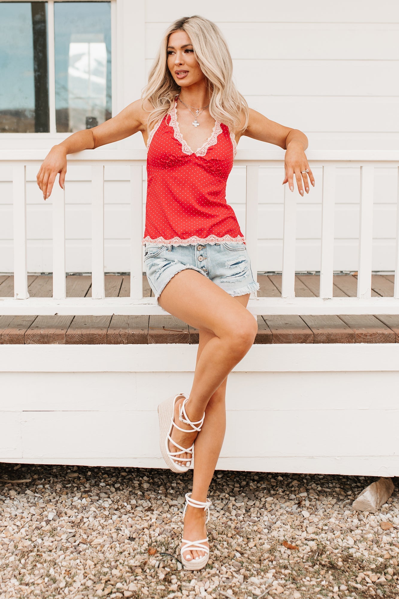 Love Me Later Polka Dot Halter Cami Top (Red)