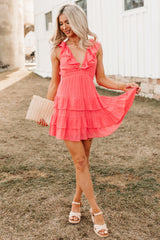 Buttercup Babe Deep V-Neck Ruffle Mini Dress (Coral Red)