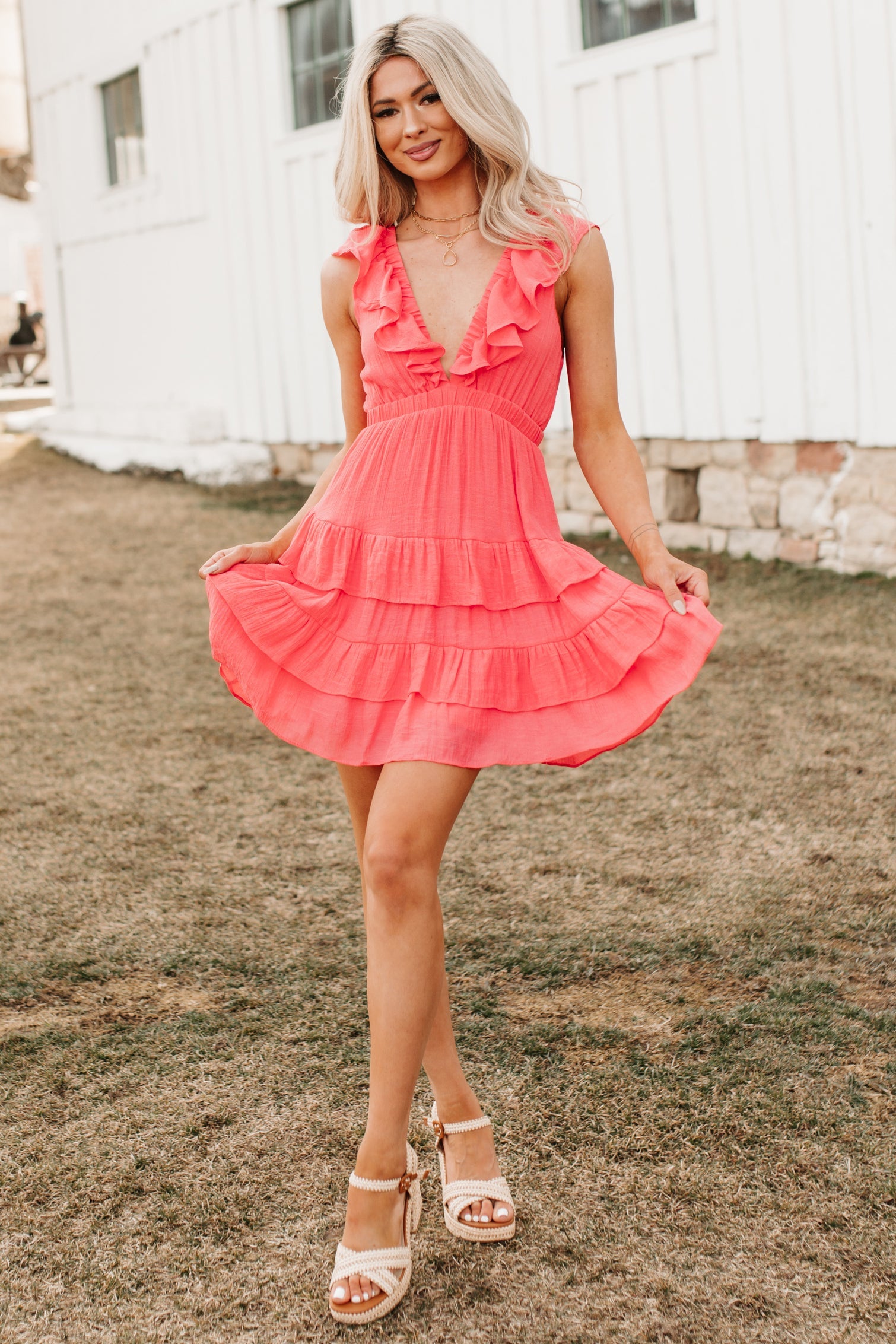 Buttercup Babe Deep V-Neck Ruffle Mini Dress (Coral Red)