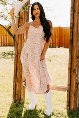 Phenomenal Fashion Drop Waist Floral Midi Dress (Apricot)