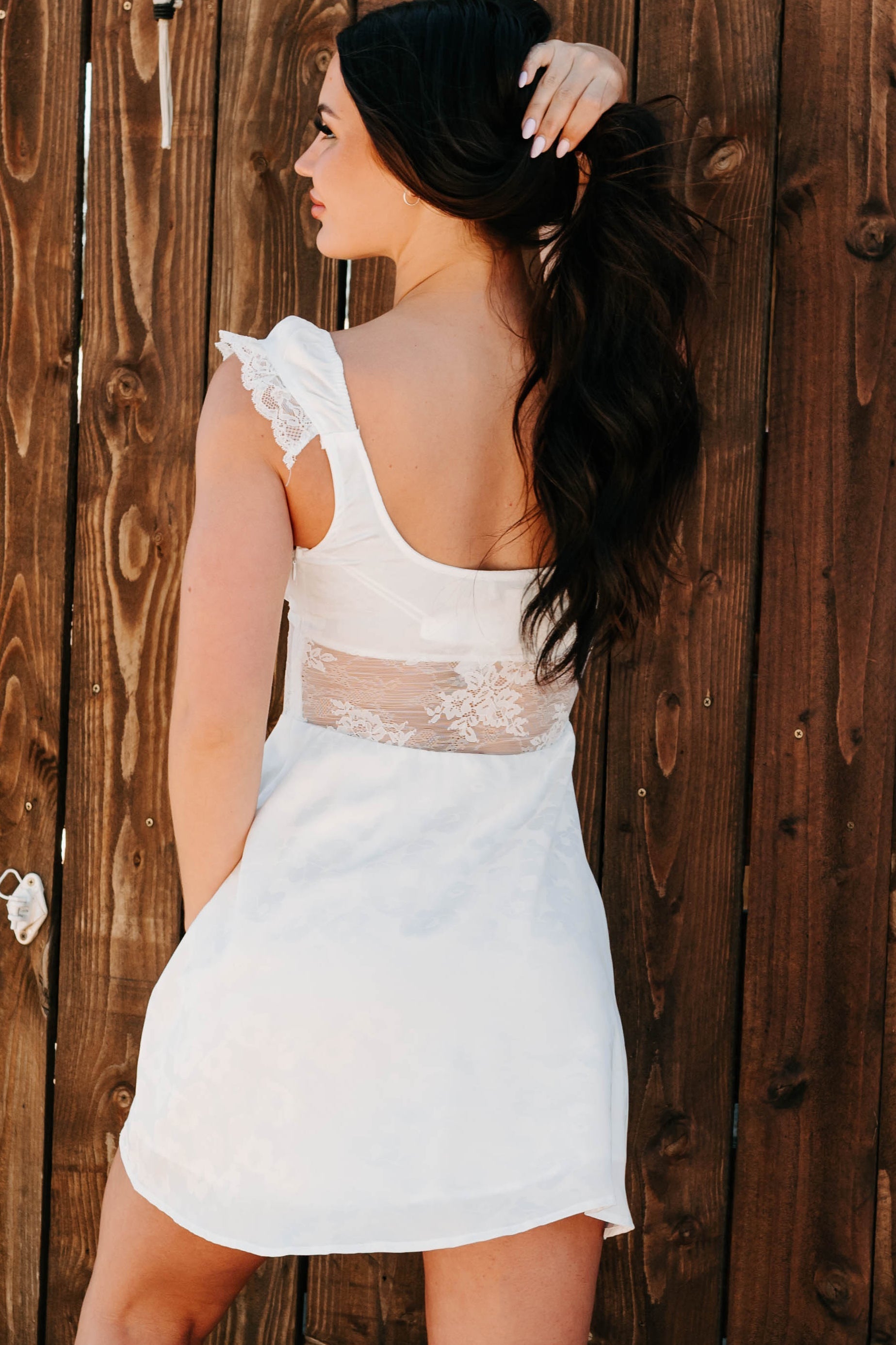 Moonlit Reverie Satin Jacquard Mini Dress (White)