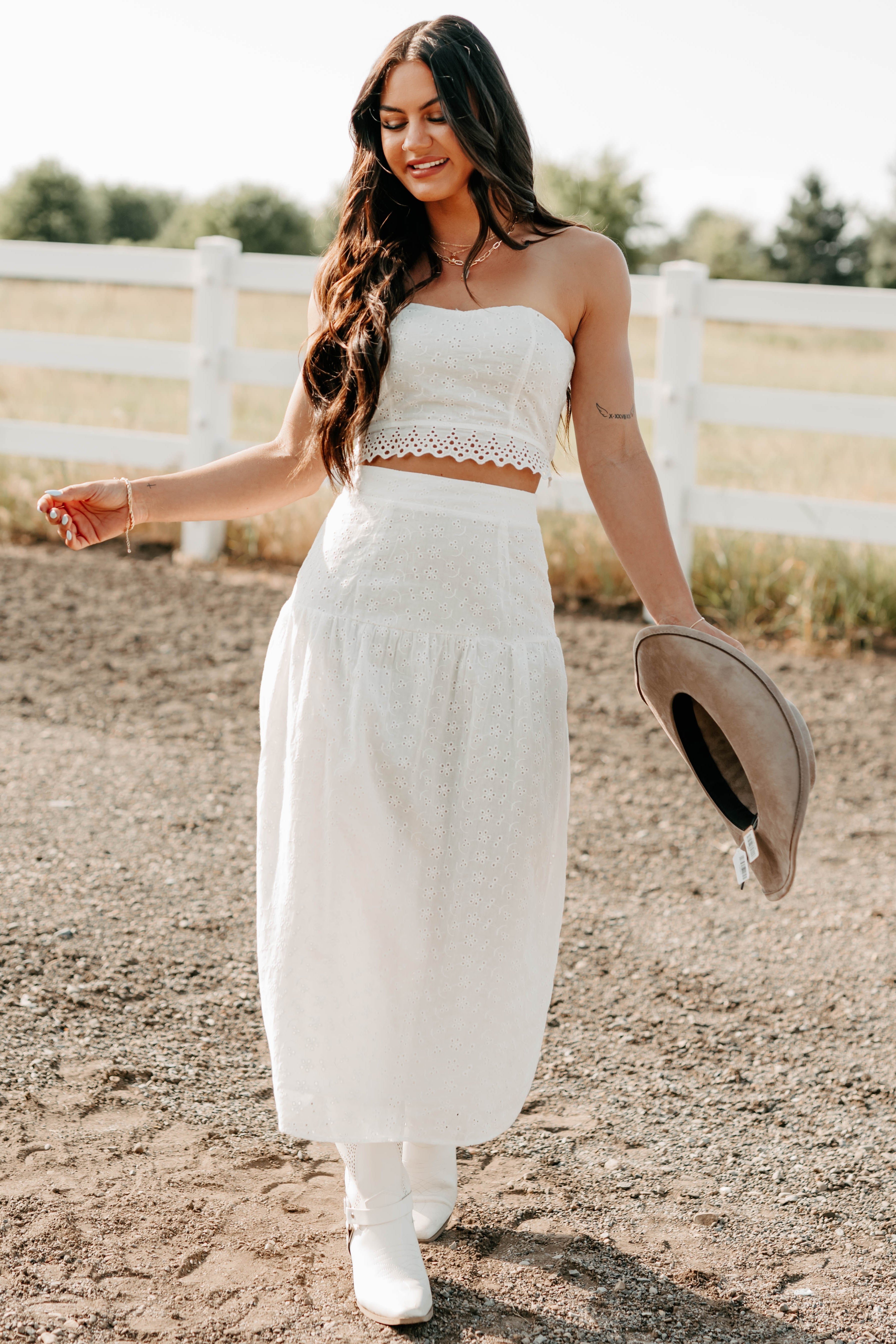 Crush Culture Crop Top Eyelet Skirt Set (White)