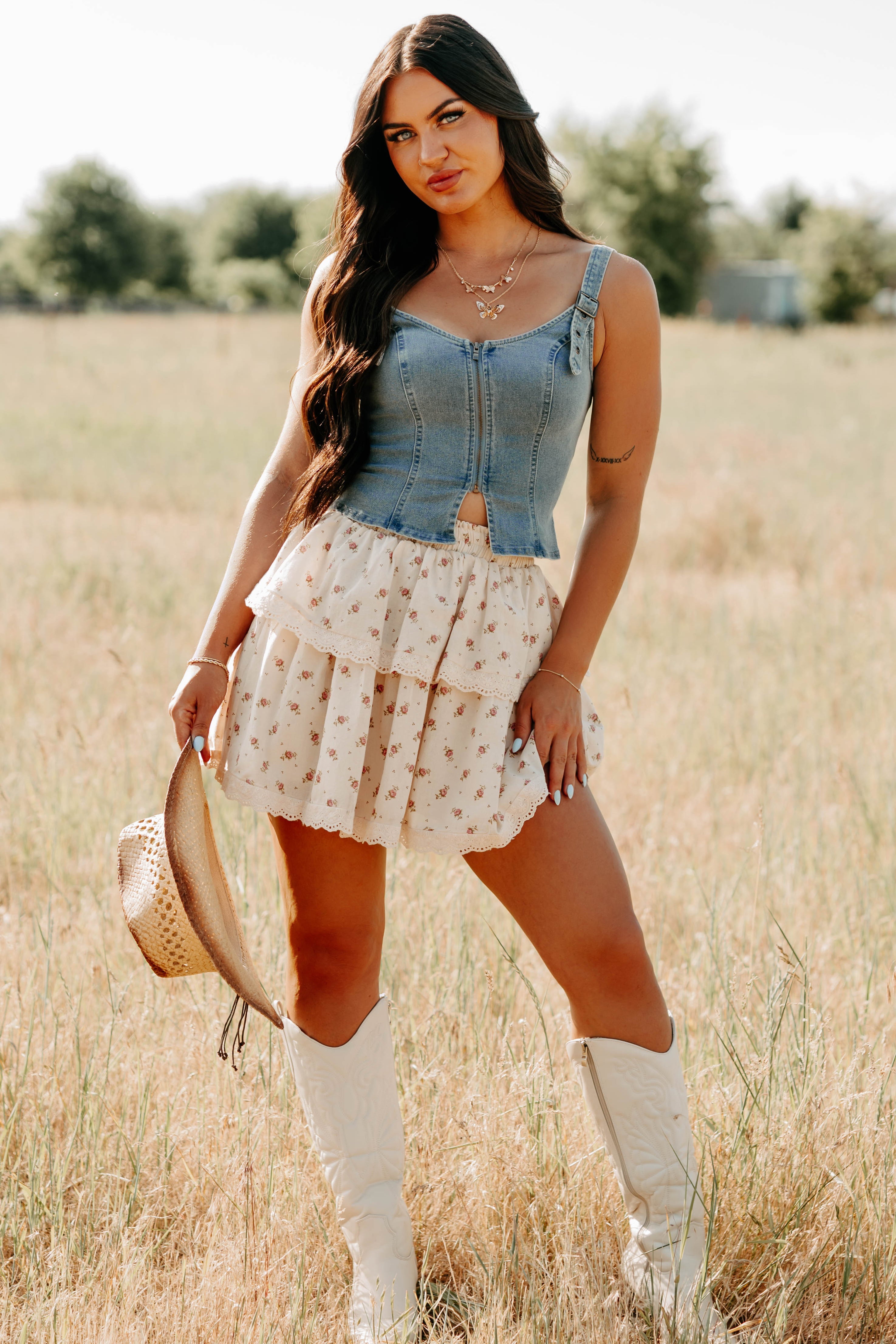 Lady's First Zip Up Denim Tank Top (Light Blue)