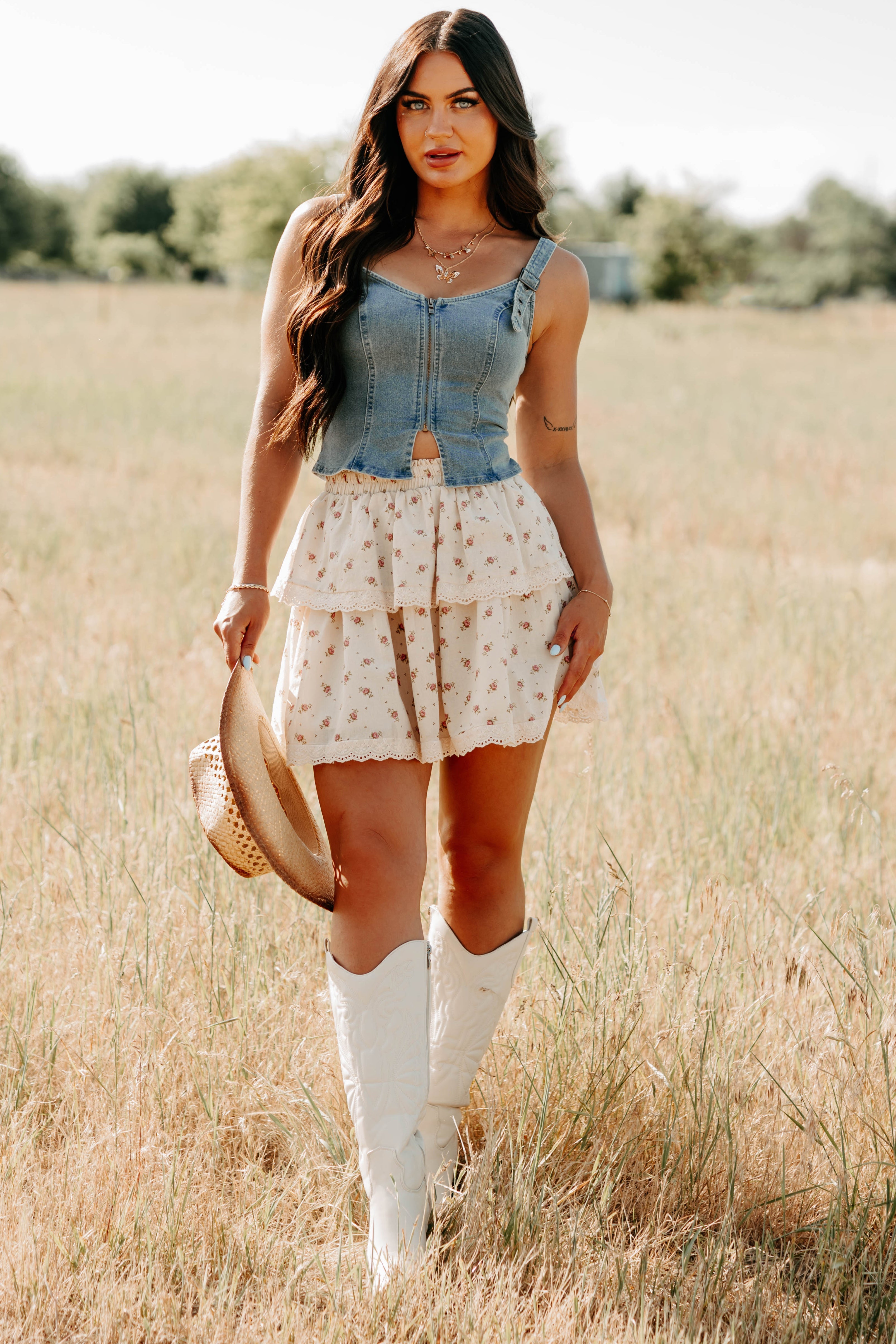 Lady's First Zip Up Denim Tank Top (Light Blue)