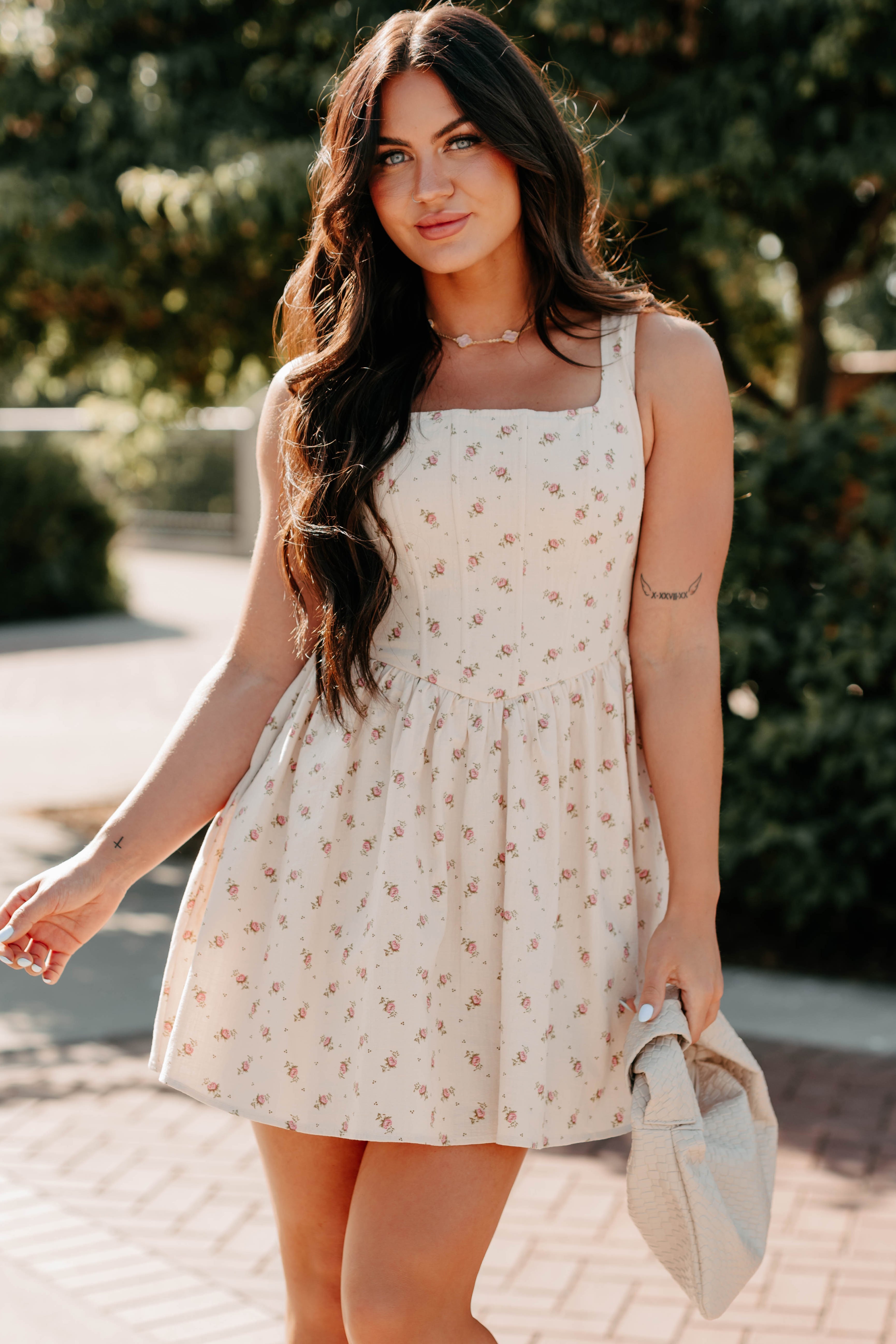 Blush Tells All Square Neck Floral Mini Dress (Natural)