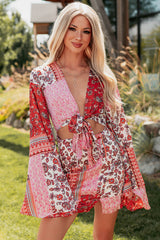 Accidentally In Love Tie Front Bell Sleeve Mini Dress (Red/Pink)