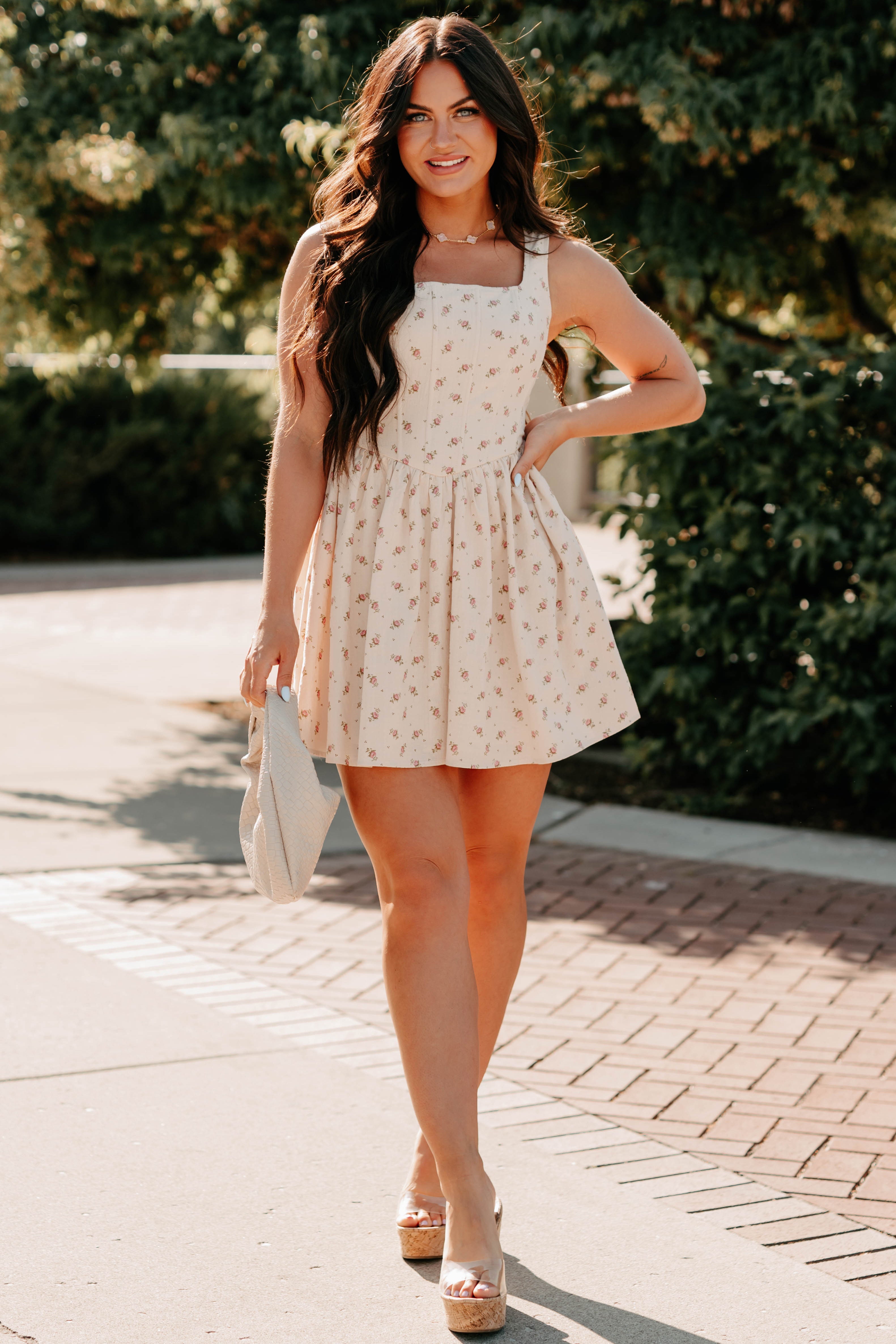 Blush Tells All Square Neck Floral Mini Dress (Natural)