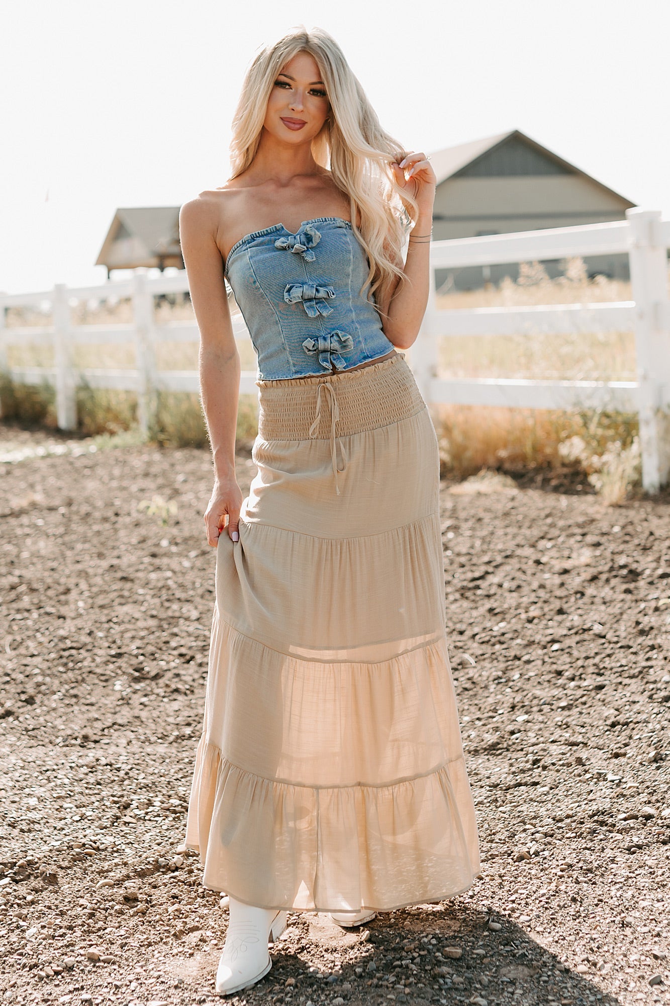Back To Strangers Denim Bow Front Corset Top (Light Wash)