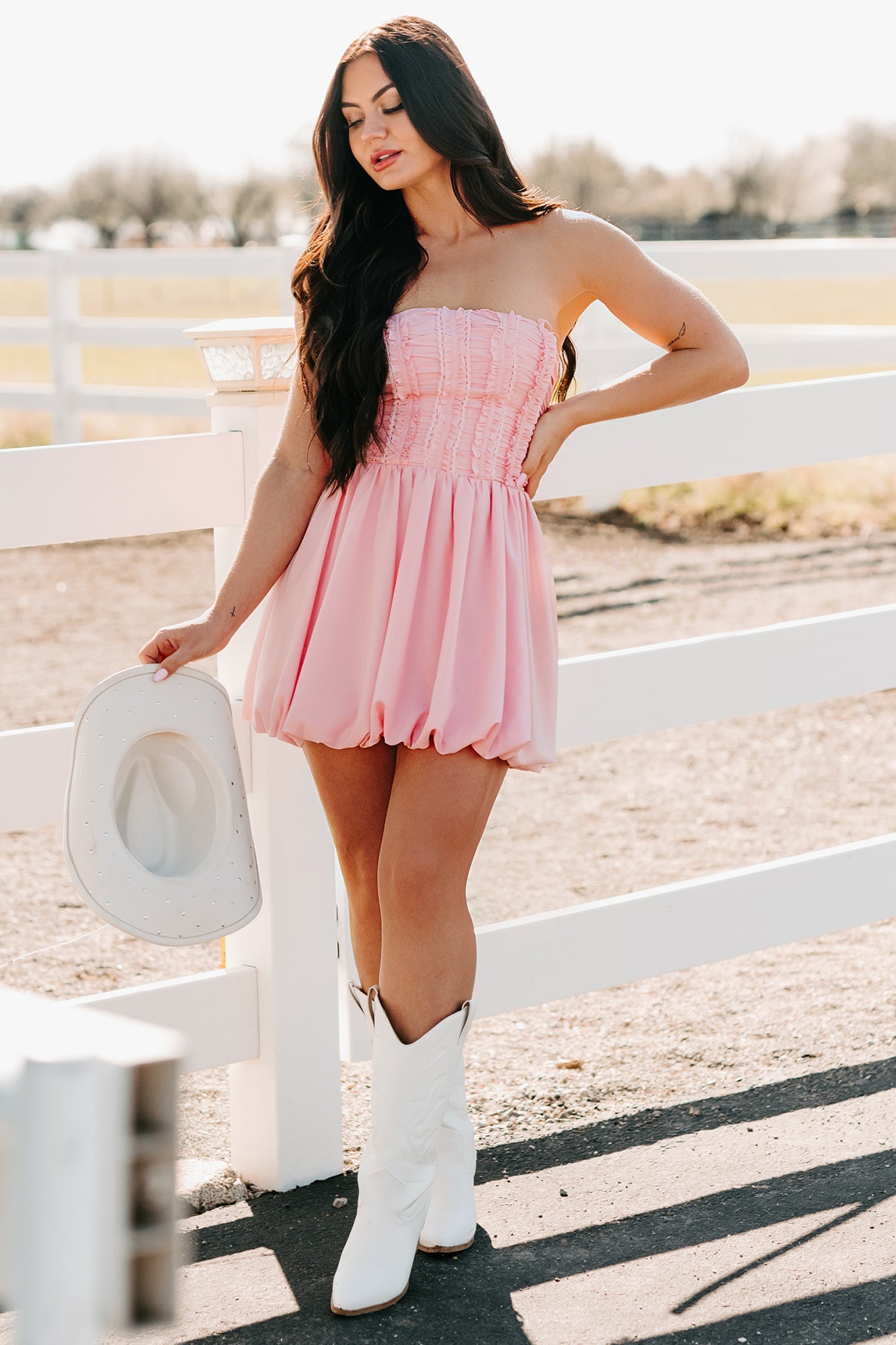 Here For The Vibes Strapless Bubble Mini Dress (Crystal Rose)