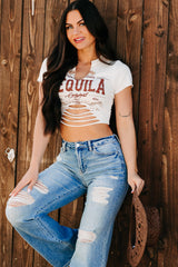 "Tequila Original" Distressed Graphic Crop Tee (Ivory)