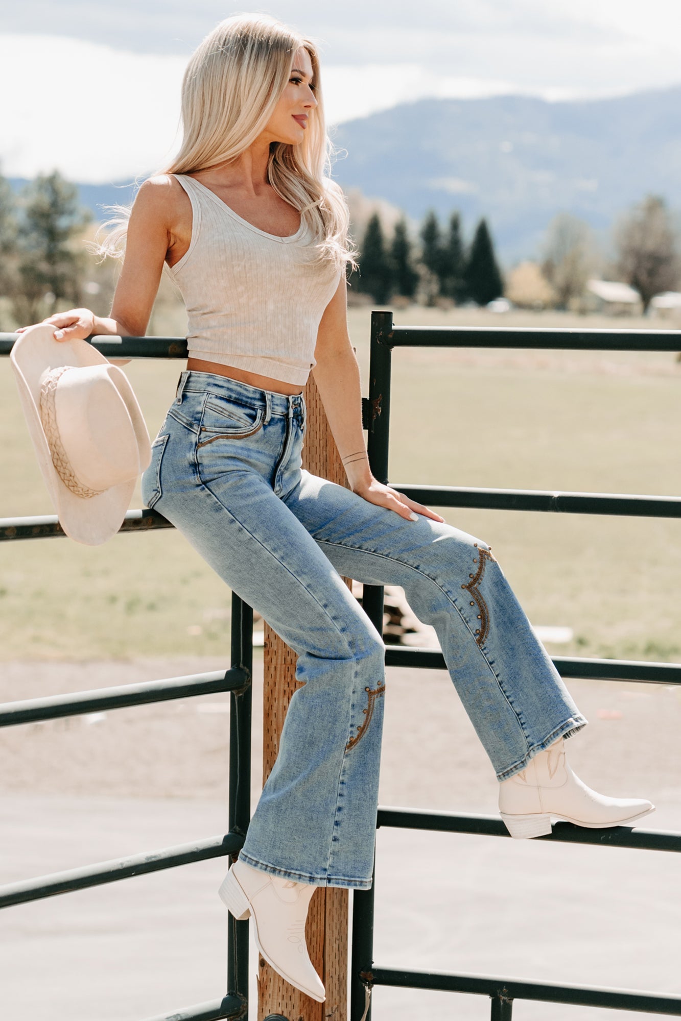 Mira Western Embroidered Saige Denim Flare Jeans (Medium Dark)
