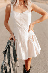 One More Night Sleeveless Faux Button Mini Dress (Beige)