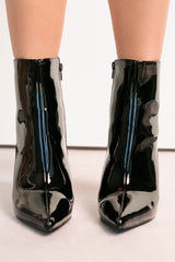 Queen Status Pointed Toe Heeled Booties (Black Patent)