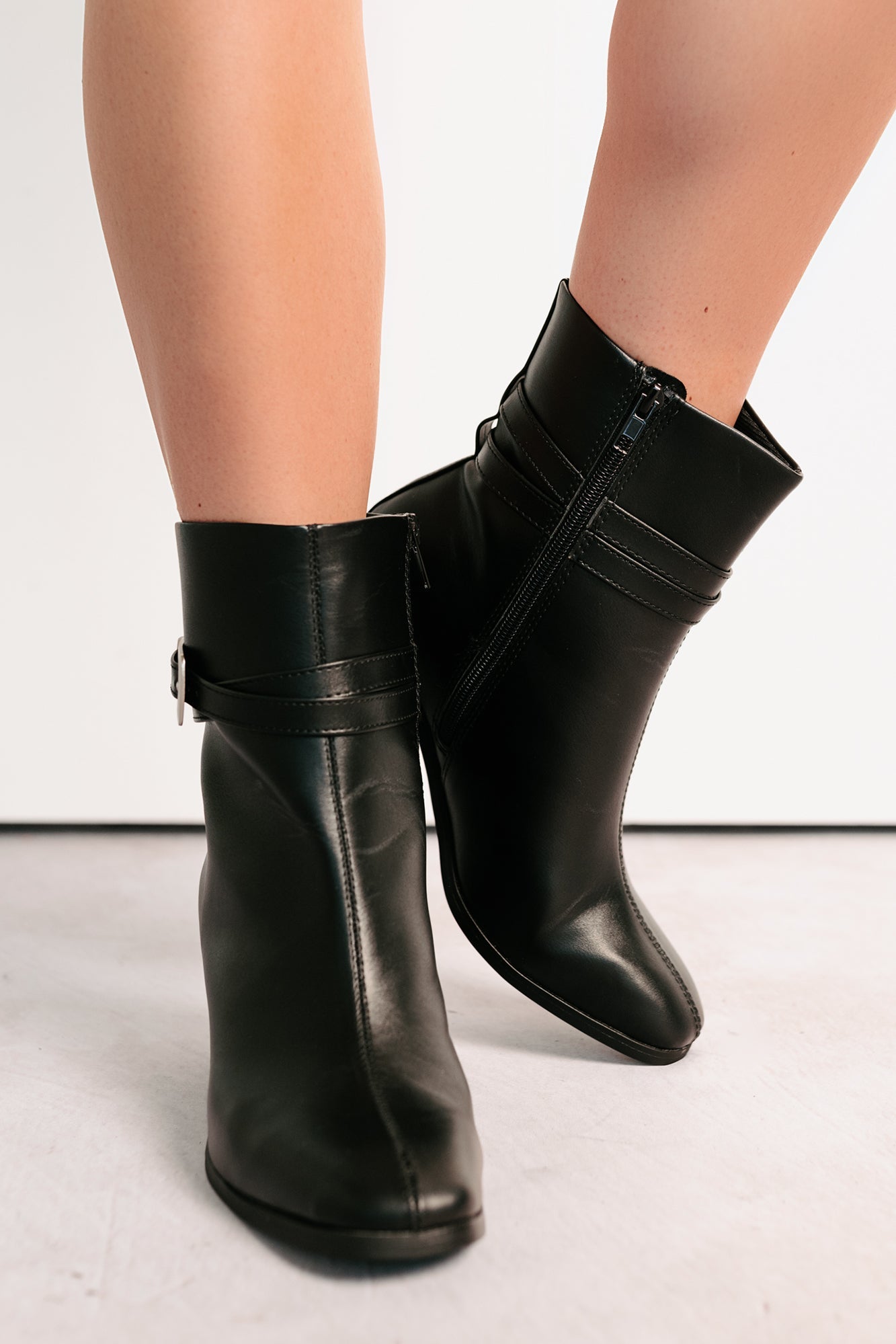 Step In Style Faux Leather Buckle Detail Booties (Black)