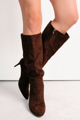 Desk Diva Knee High Faux Suede Stiletto Boots (Brown)
