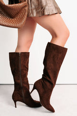 Desk Diva Knee High Faux Suede Stiletto Boots (Brown)