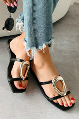 Shine & Tell Metal Ring Double Strap Sandals (Black)