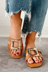 Talk Flirty Square Toe Gold Buckle Sandals (Tan)