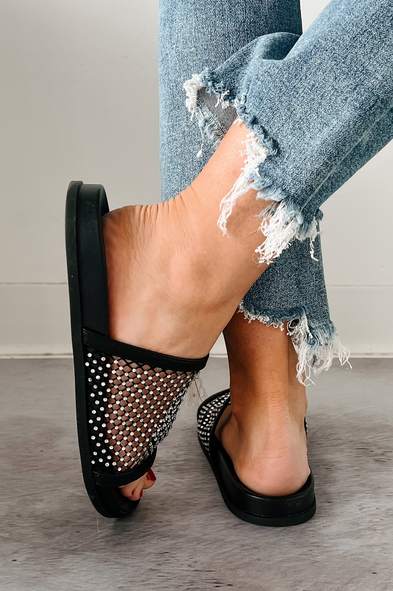 Shine On You Rhinestone Mesh Slide Sandals (Black)