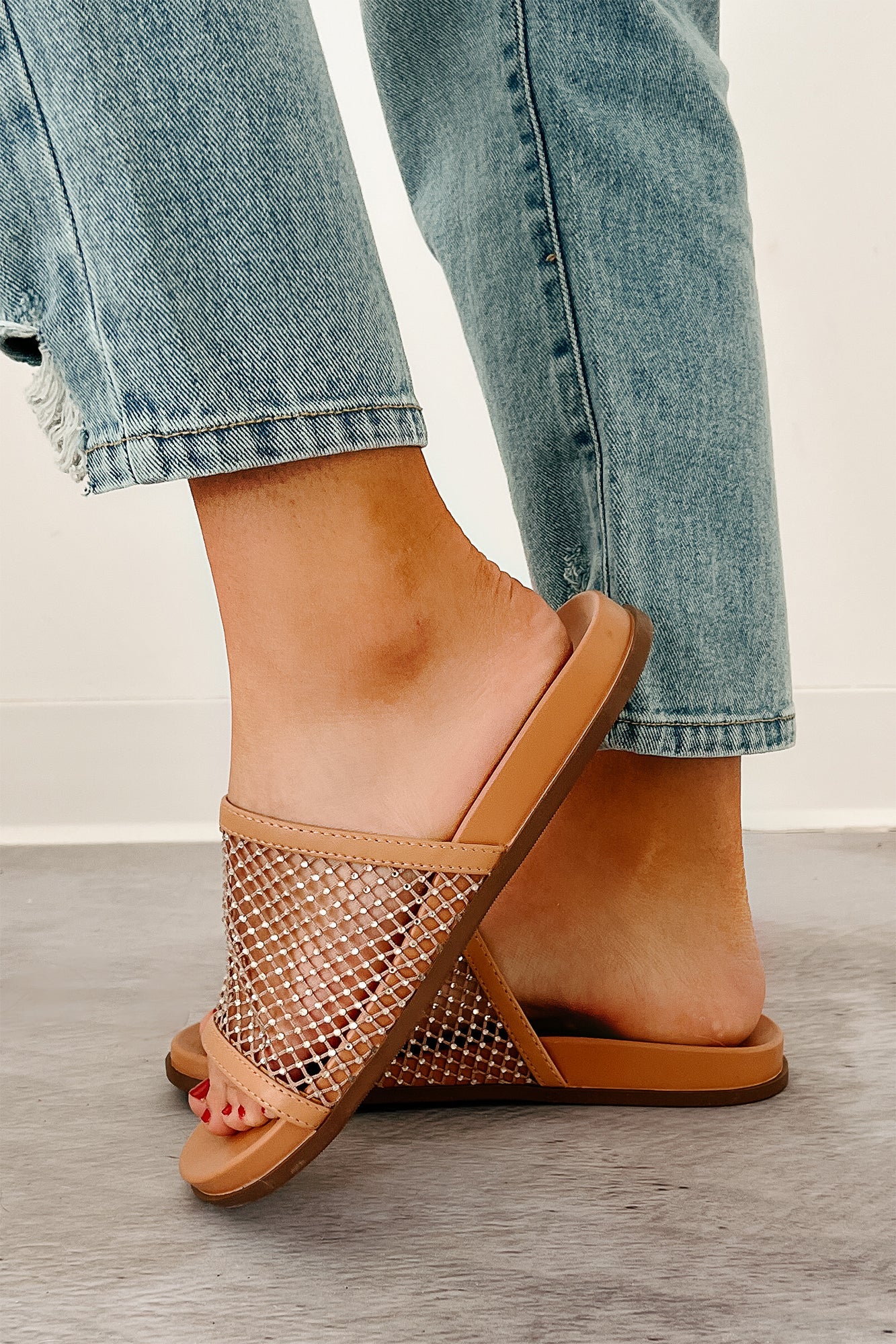 Shine On You Rhinestone Mesh Slide Sandals (Tan)