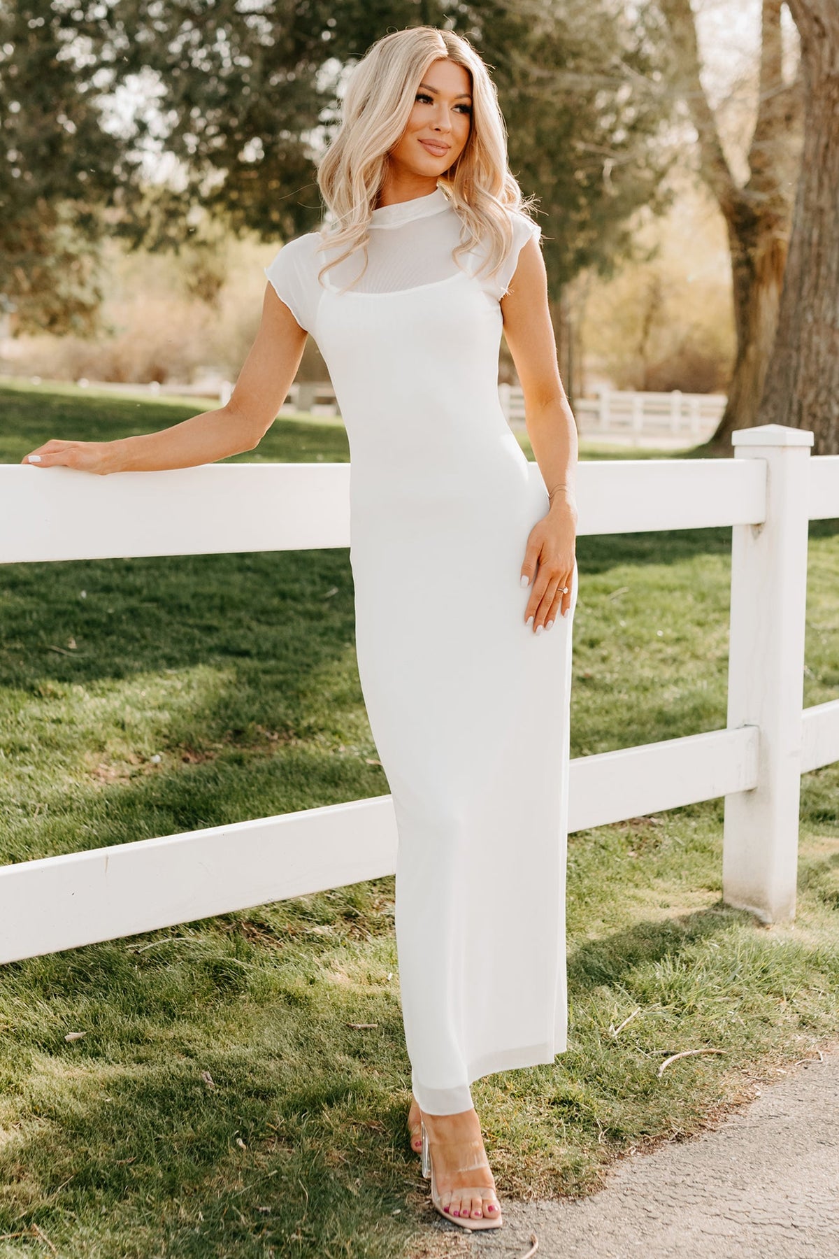 Wish You Were Here Mesh Mock Neck Maxi Dress (Ivory)
