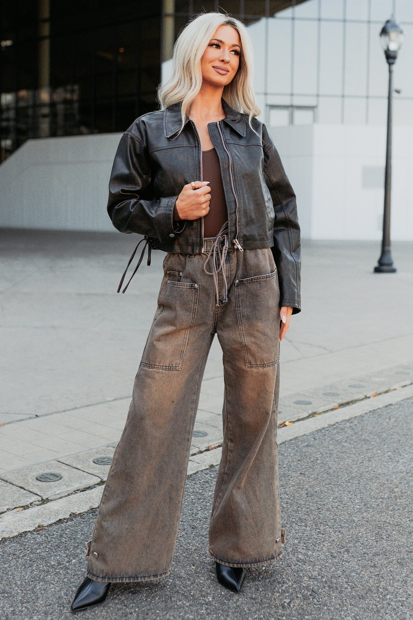 Never Tired Faux Leather Lace Side Jacket (Dark Coffee)