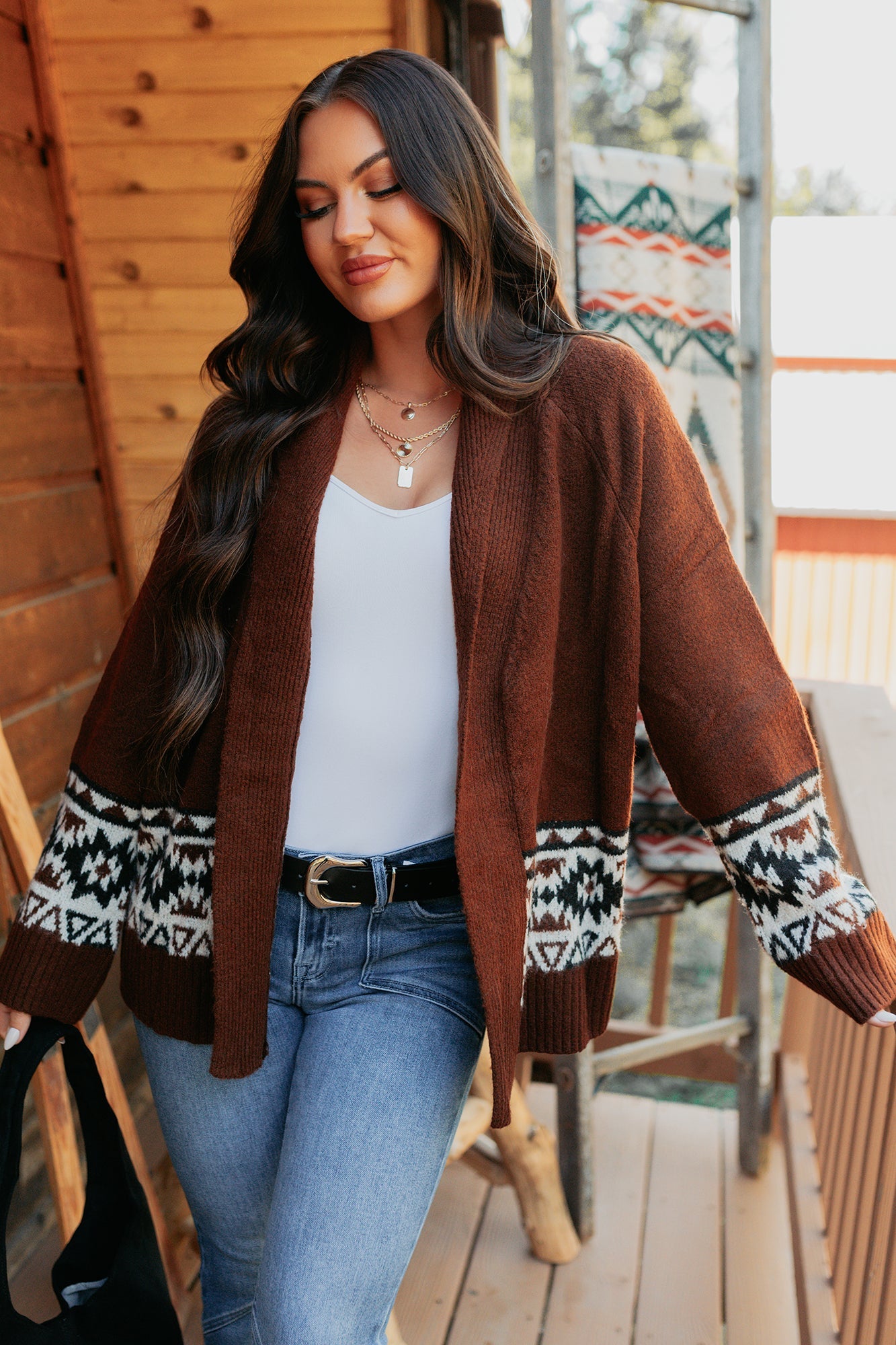 As It Goes Long Sleeve Aztec Cardigan (Dark Brown)