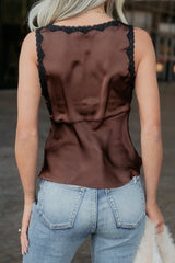 Needed Me Satin Lace Trim V-Neck Tank Top (Dark Brown)