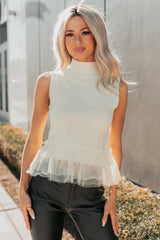 Girly Glow Mock Neck Tulle Hemline Knit Top (Ivory)