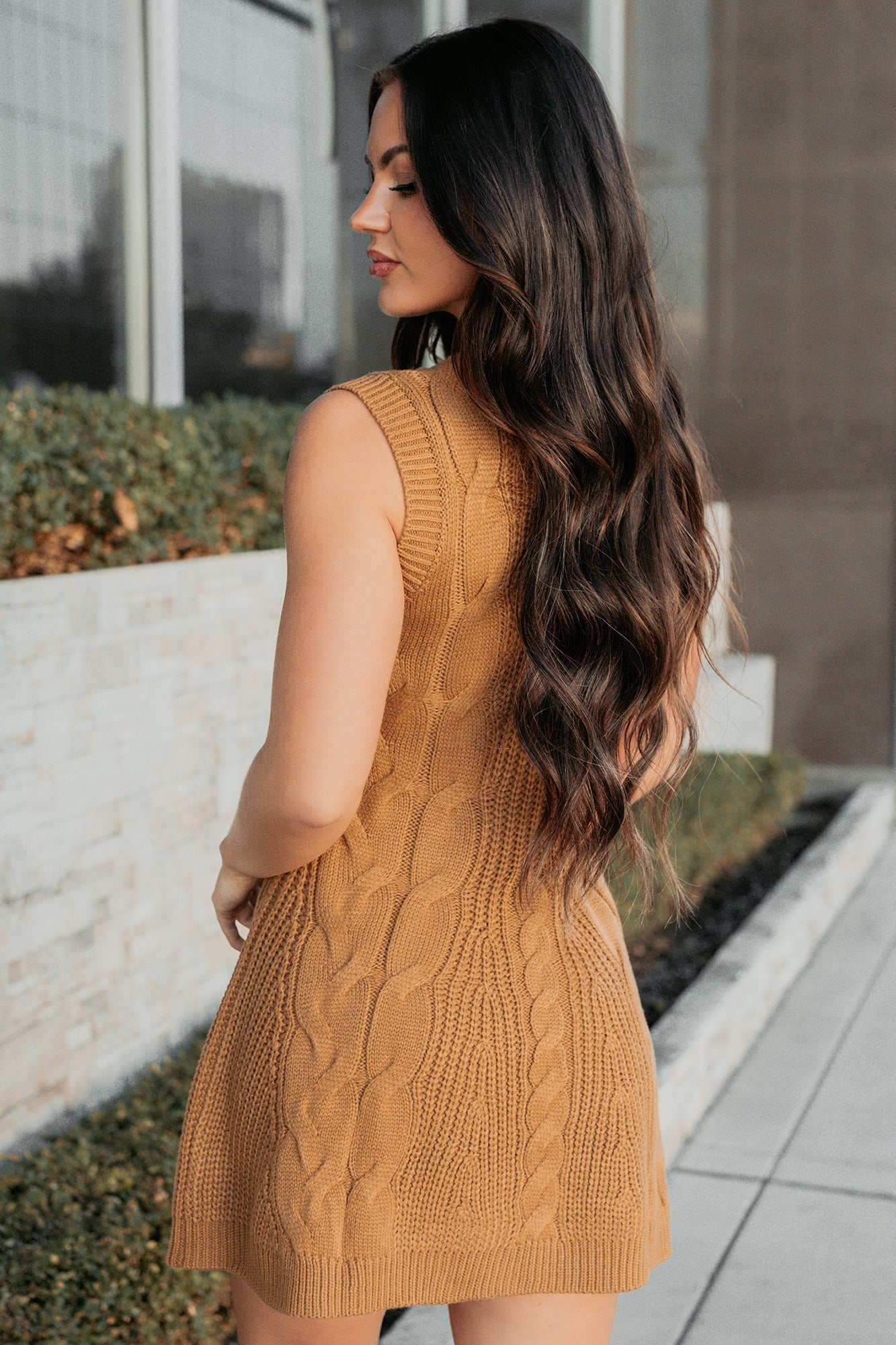 If You Stay Sleeveless Cable Knit Mini Dress (Mocha Mousse)