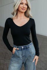 Everyday Lovely V Neck Long Sleeve Bodysuit (Black)