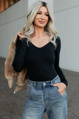 Everyday Lovely V Neck Long Sleeve Bodysuit (Black)